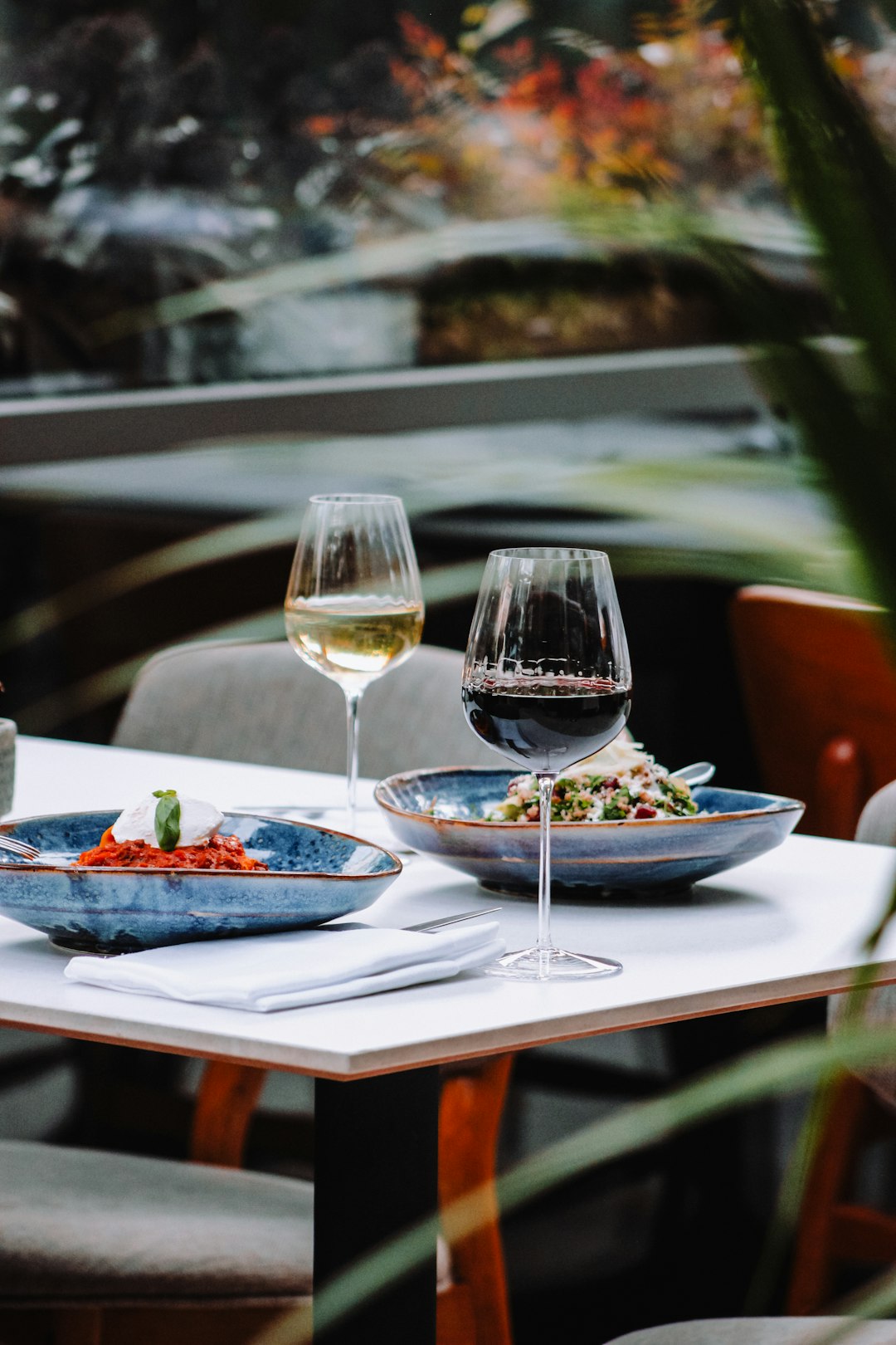 Table set with food and wine at an independent restaurant